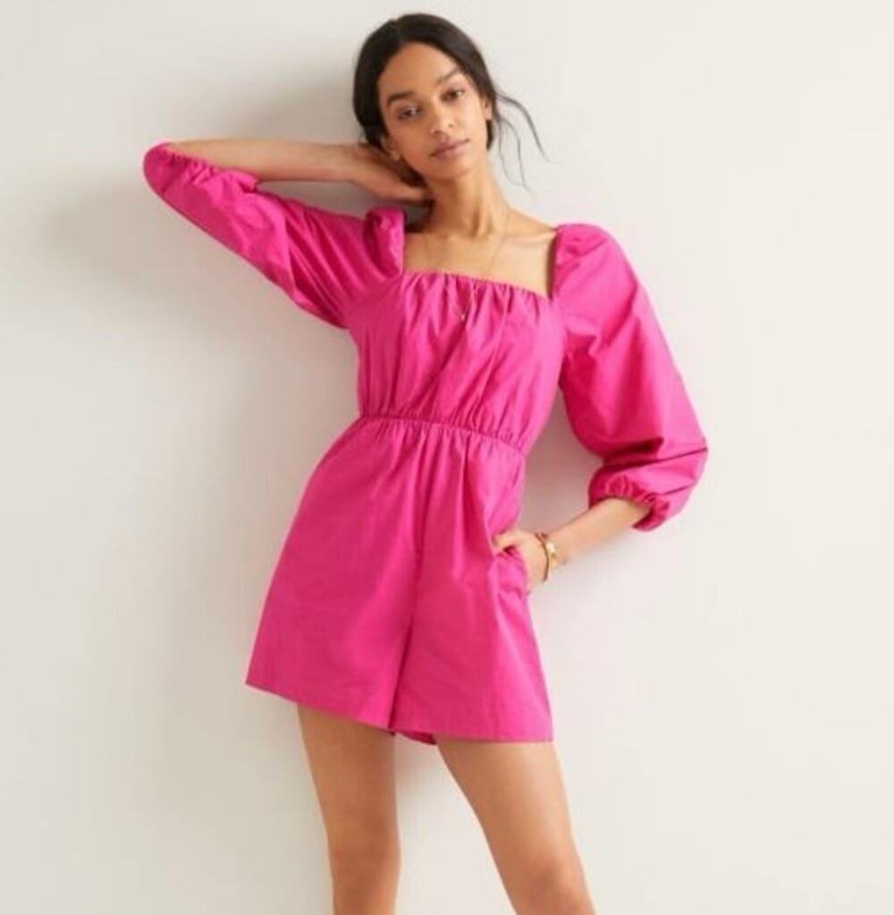 Anthropologie Mare Mare Puff Sleeve Fuchsia Cotton Romper Small